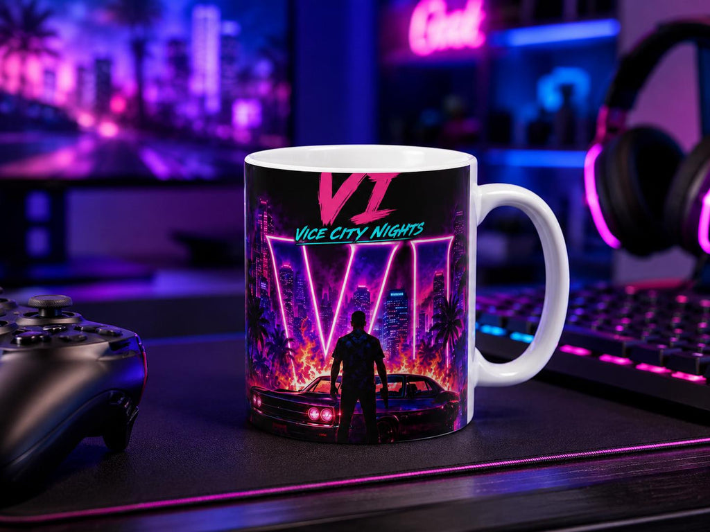 Vice City Nights Grant Theft Vibes Mug | Neon Retro Cityscape Ceramic Mug