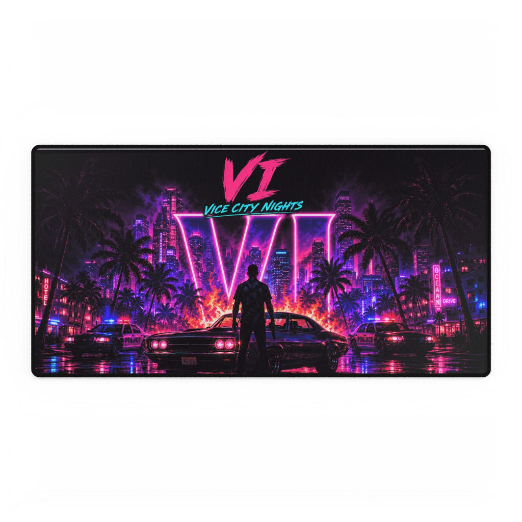 Grand Theft Gaming Vice City Nights neon retro skyline Desk Mat | Vaporwave gaming mousepad