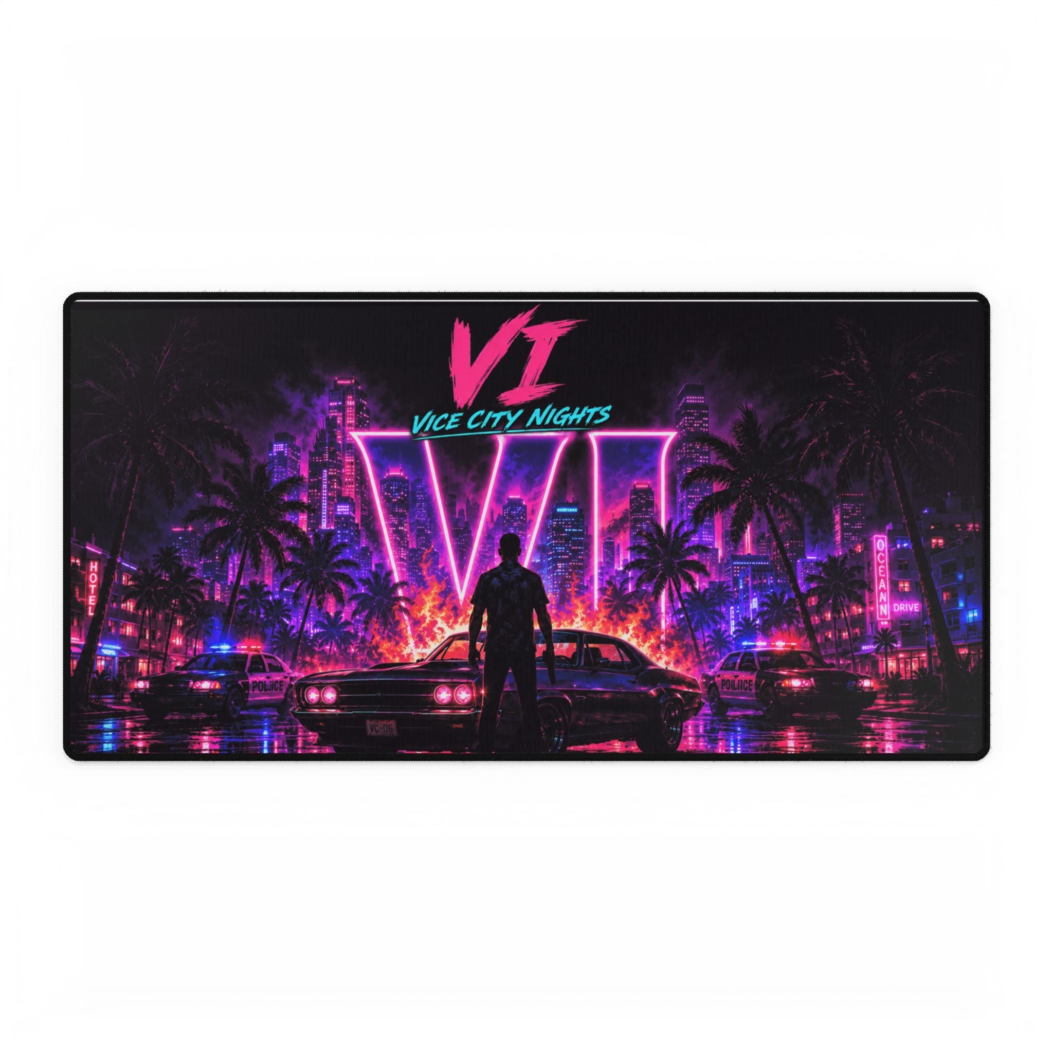 Grand Theft Gaming Vice City Nights neon retro skyline Desk Mat | Vaporwave gaming mousepad