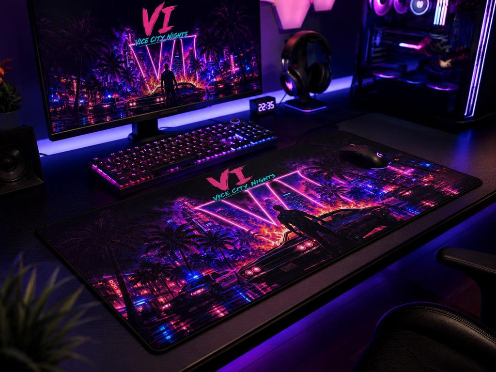 Grand Theft Gaming Vice City Nights neon retro skyline Desk Mat | Vaporwave gaming mousepad
