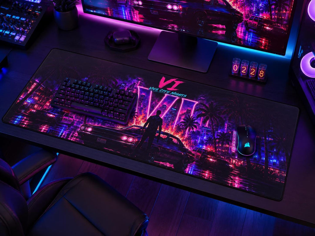 Grand Theft Gaming Vice City Nights neon retro skyline Desk Mat | Vaporwave gaming mousepad