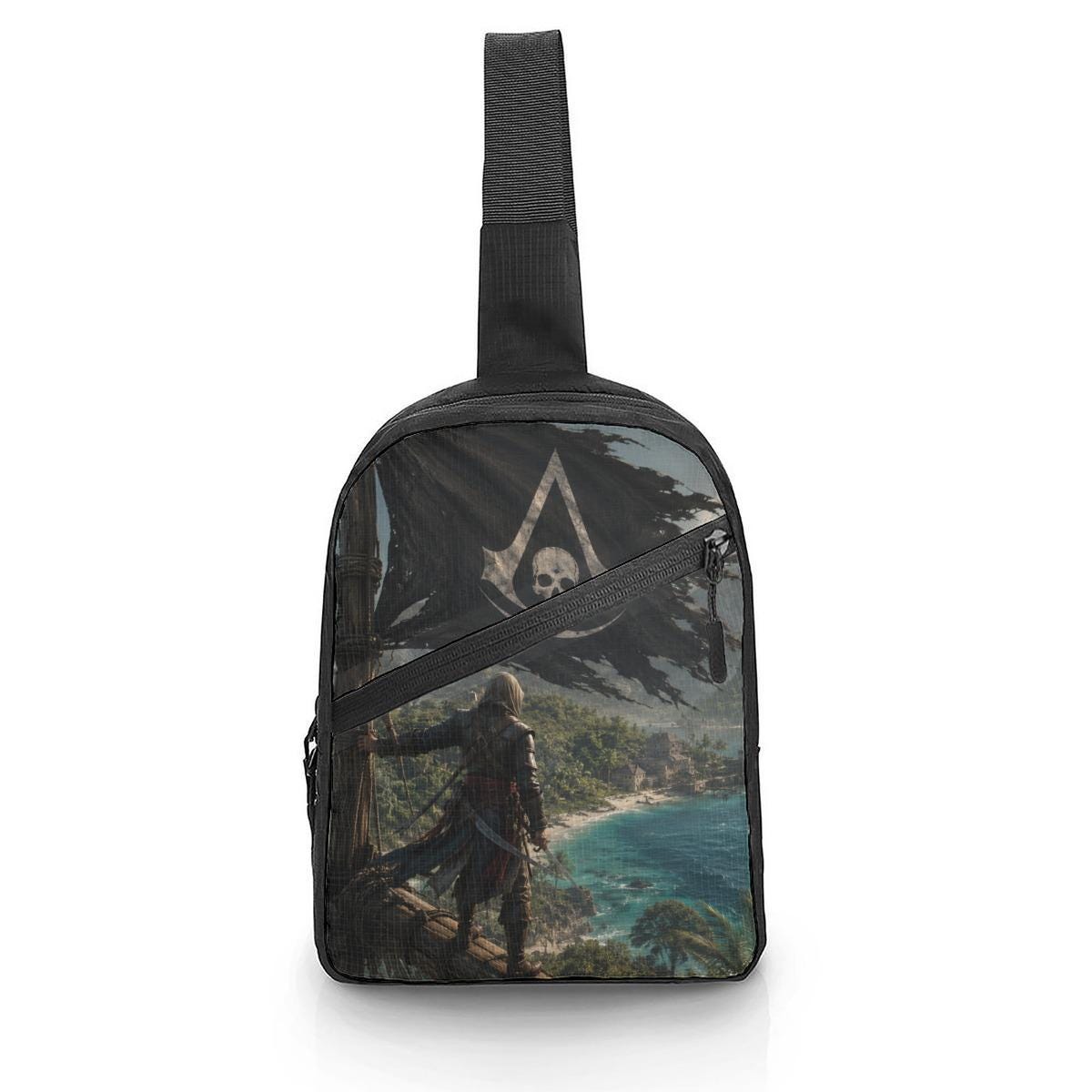 Pirate Skull Chest Bag, Gaming Adventure Sling Pack, Black Flag Shoulder Bag