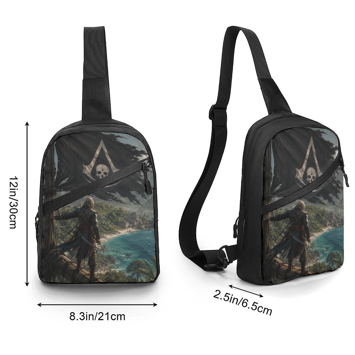 Pirate Skull Chest Bag, Gaming Adventure Sling Pack, Black Flag Shoulder Bag