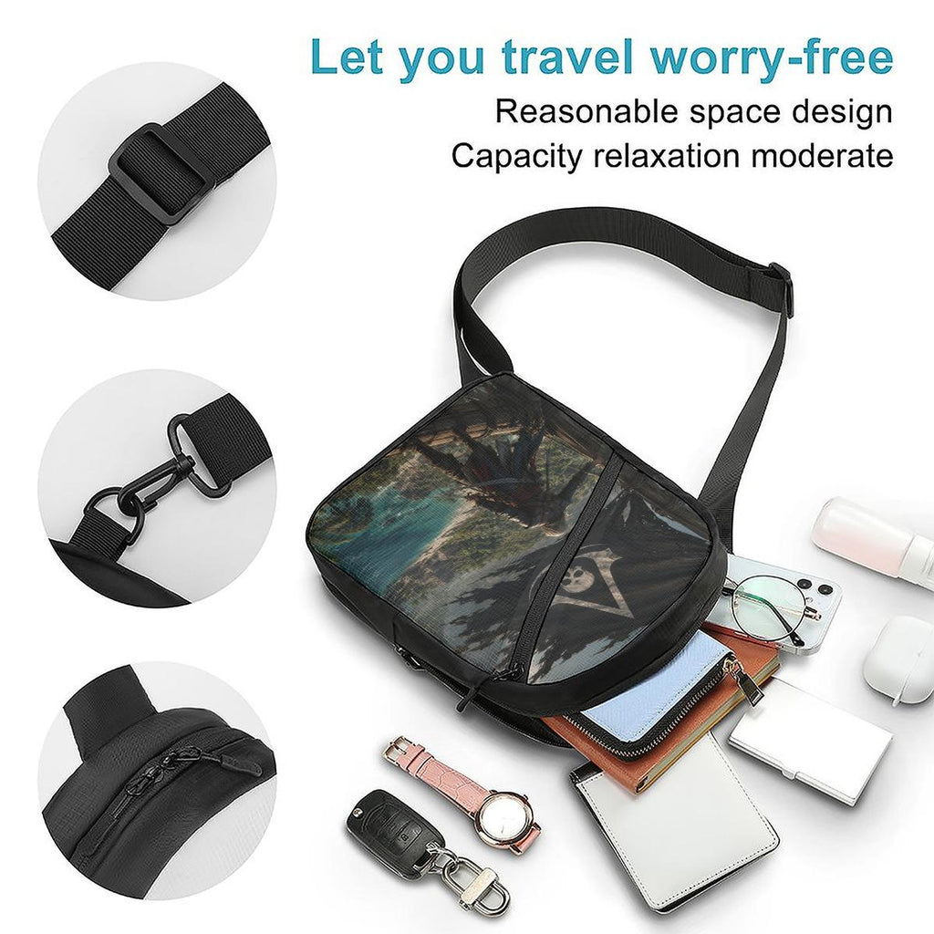 Pirate Skull Chest Bag, Gaming Adventure Sling Pack, Black Flag Shoulder Bag