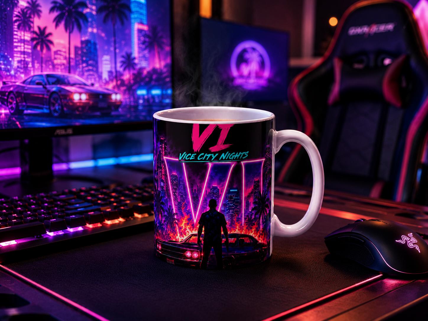 Vice City Nights Grant Theft Vibes Mug | Neon Retro Cityscape Ceramic Mug