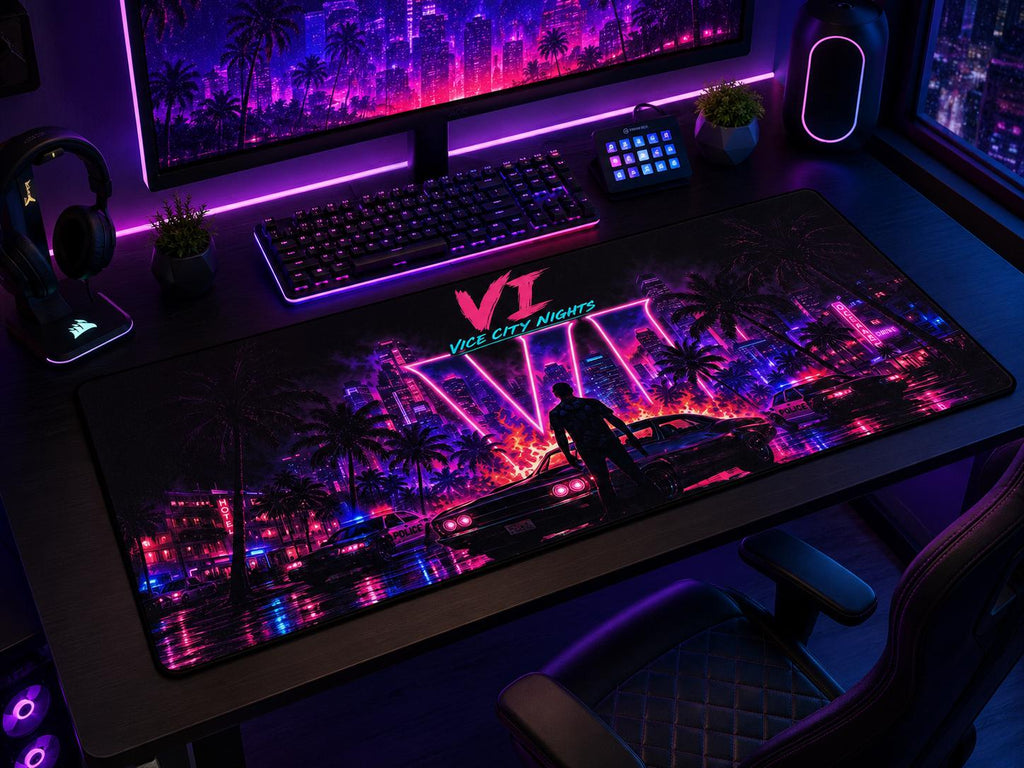 Grand Theft Gaming Vice City Nights neon retro skyline Desk Mat | Vaporwave gaming mousepad