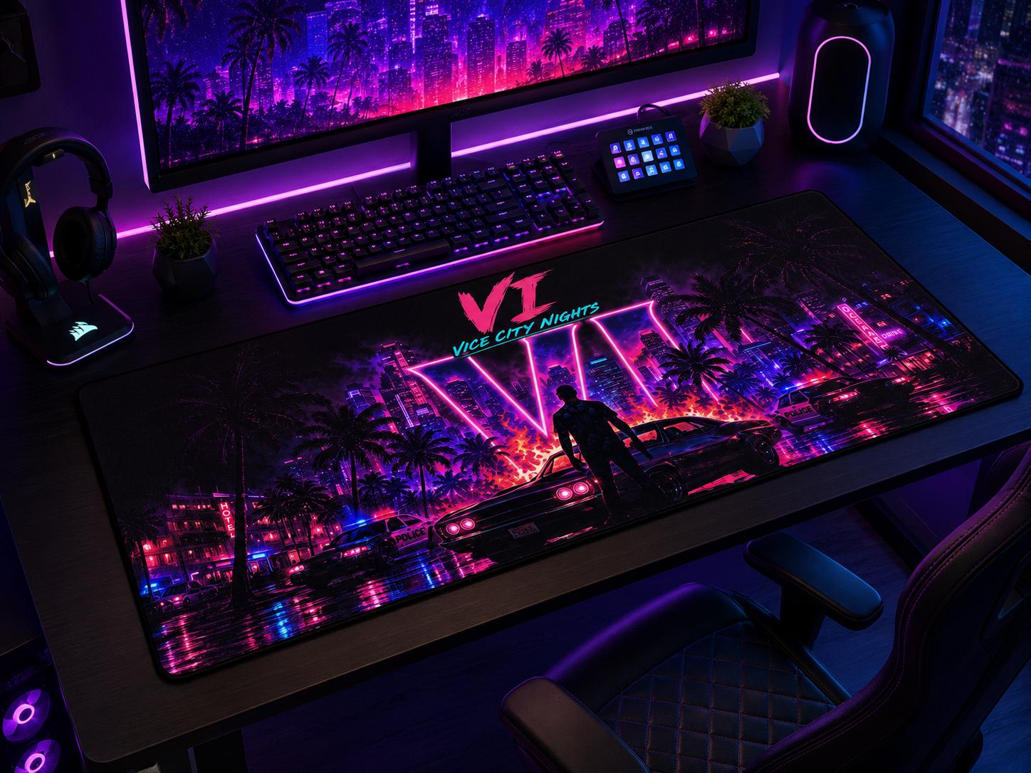 Grand Theft Gaming Vice City Nights neon retro skyline Desk Mat | Vaporwave gaming mousepad