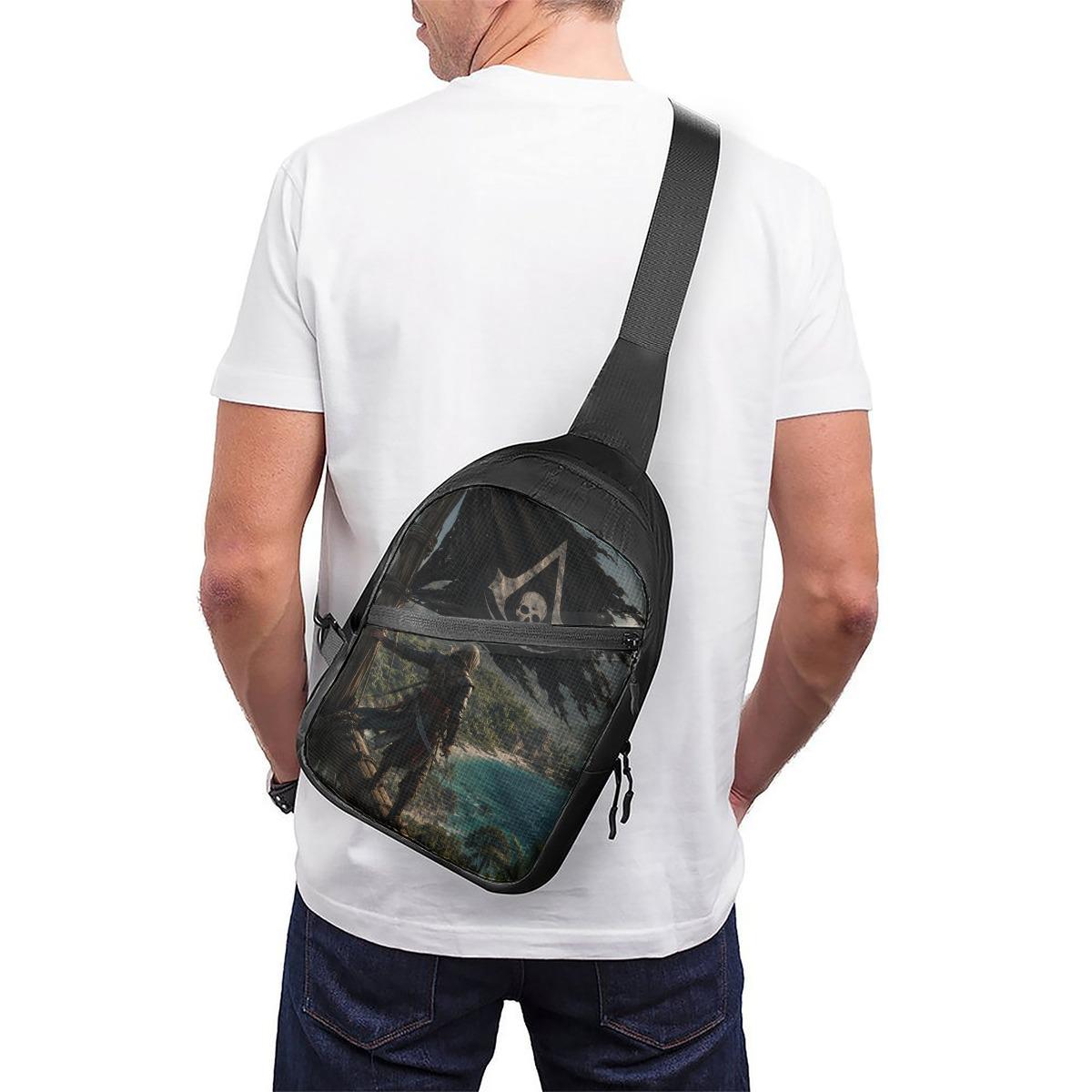 Pirate Skull Chest Bag, Gaming Adventure Sling Pack, Black Flag Shoulder Bag