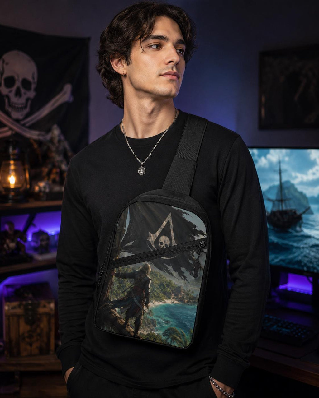 Pirate Skull Chest Bag, Gaming Adventure Sling Pack, Black Flag Shoulder Bag
