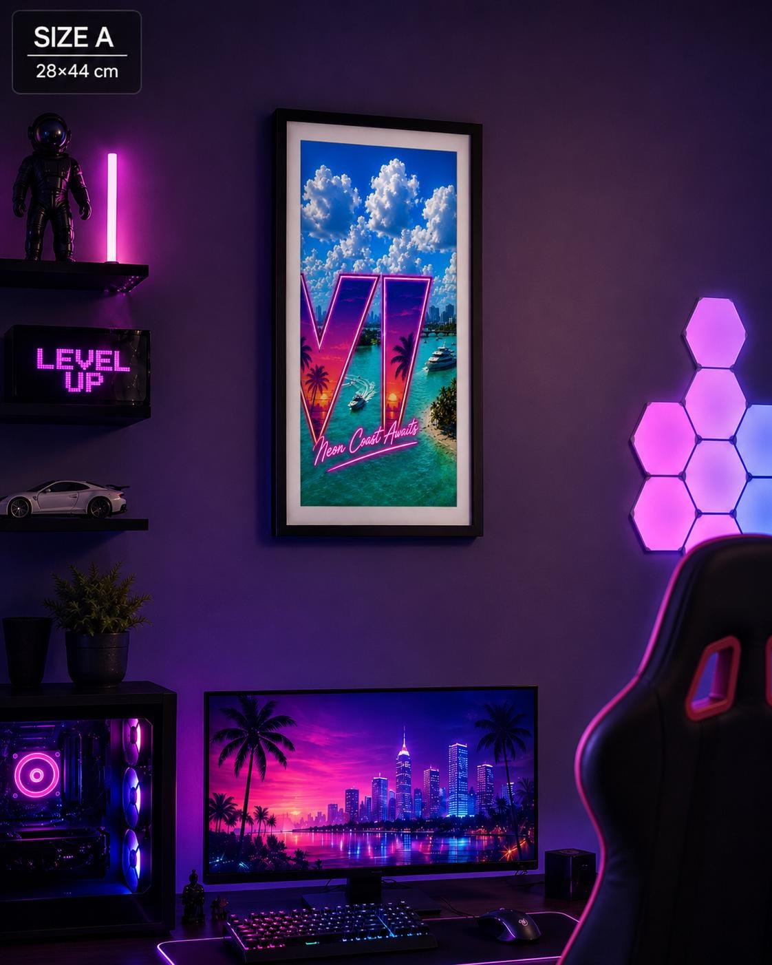 Grant Theft Gaming VI Poster, Neon City Awaits Neon Art Print