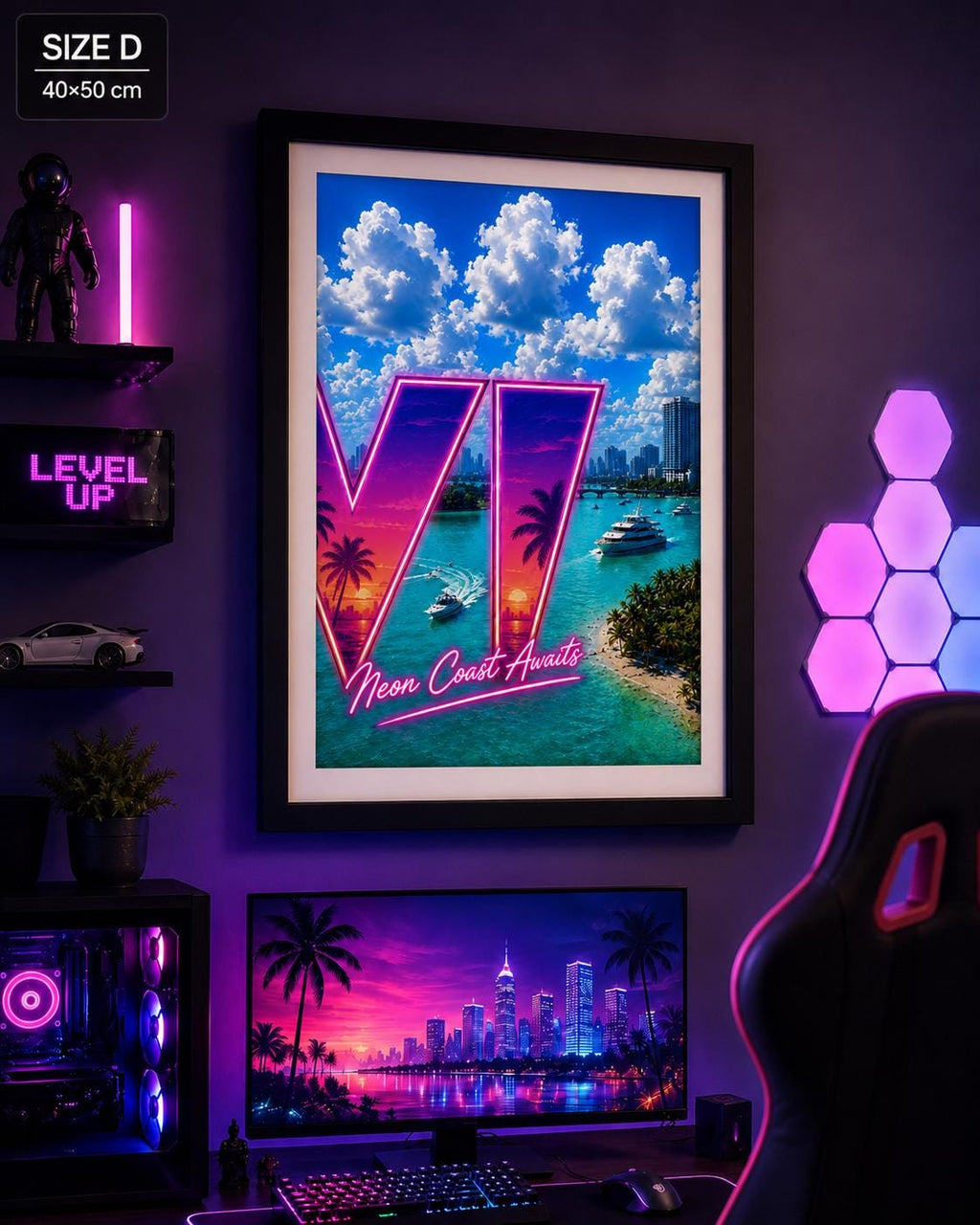 Grant Theft Gaming VI Poster, Neon City Awaits Neon Art Print