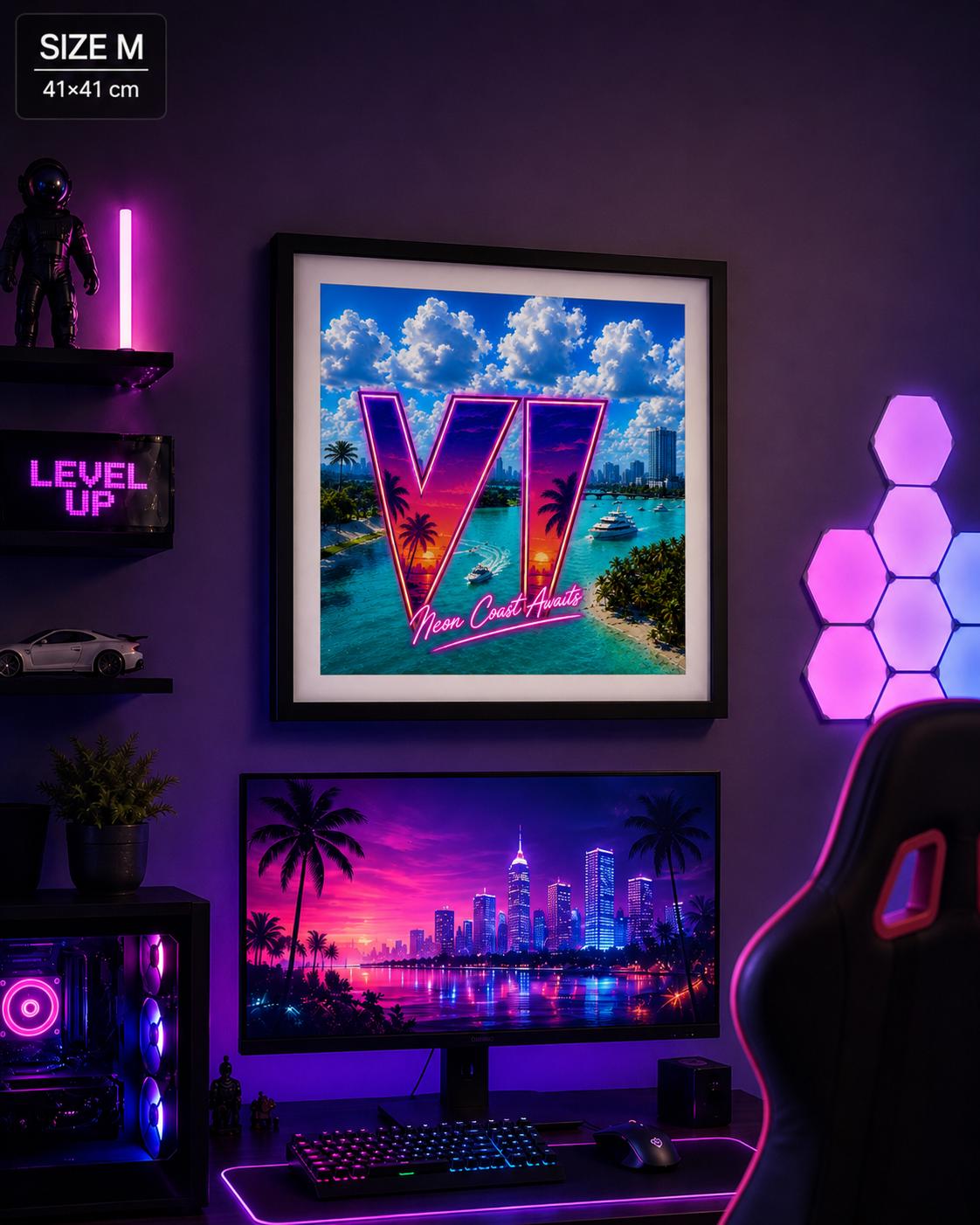 Grant Theft Gaming VI Poster, Neon City Awaits Neon Art Print