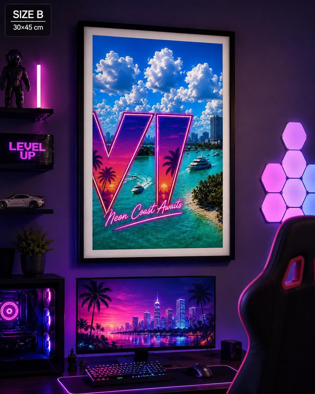 Grant Theft Gaming VI Poster, Neon City Awaits Neon Art Print