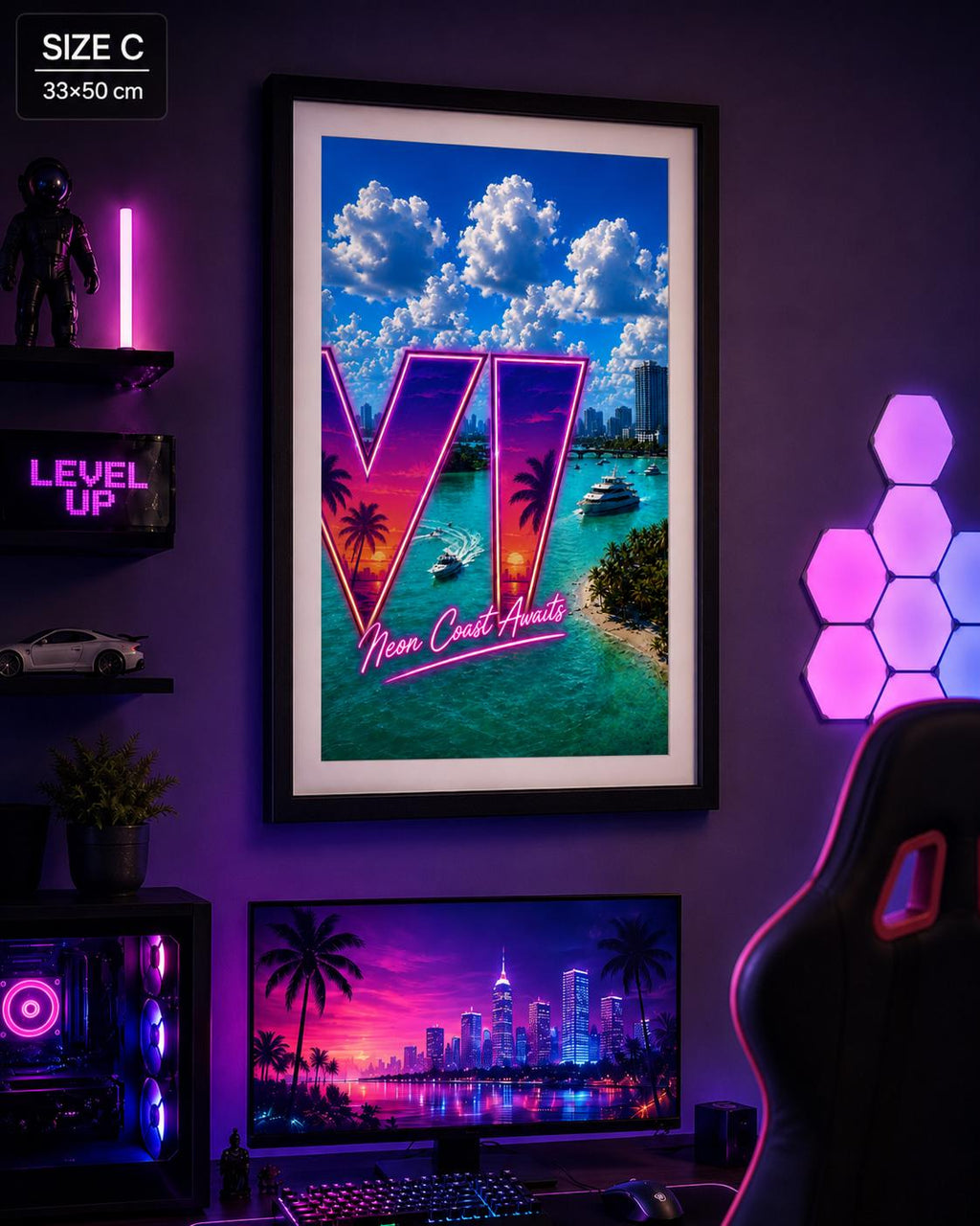 Grant Theft Gaming VI Poster, Neon City Awaits Neon Art Print