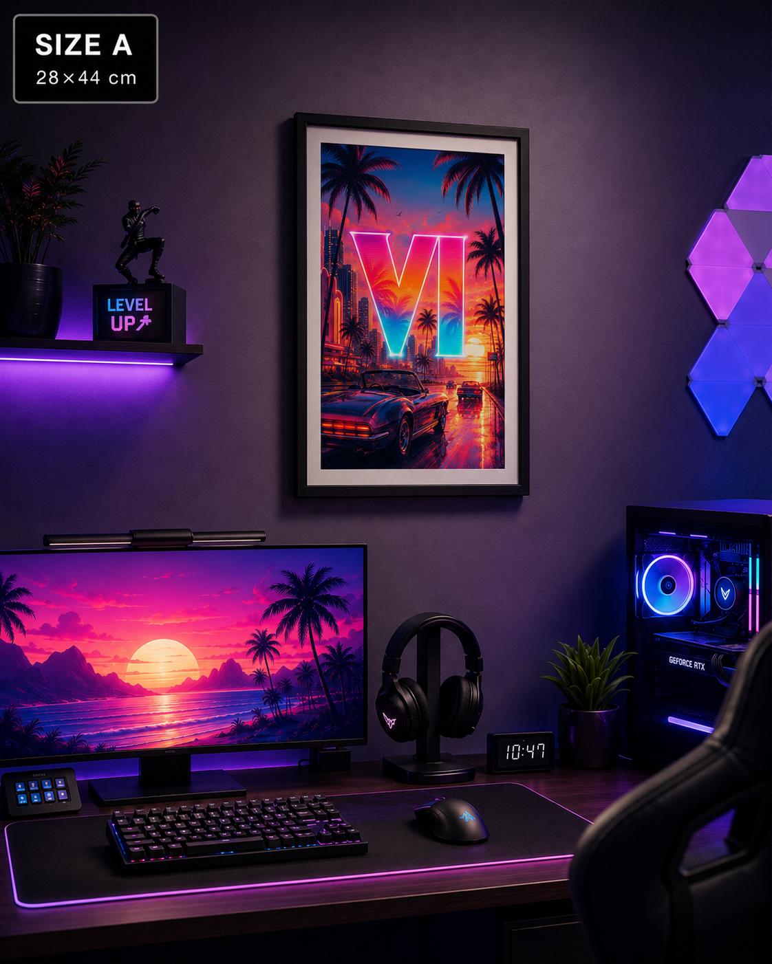 Grant Theft Gaming VI Poster, Vice City Awaits Neon Art Print