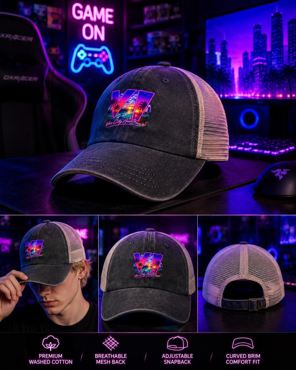 Grand Theft Gaming Vintage Washed Denim Mesh Cap | VI | Printed in USA
